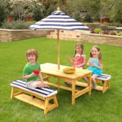 KidKraft Outdoor Table & Bench Set With Cushions & Umbrella - Navy & White Stripes 106 -Stokke Store 00106 RSM 1