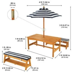 KidKraft Outdoor Table & Bench Set With Cushions & Umbrella - Navy & White Stripes 106 -Stokke Store 00106 isometric